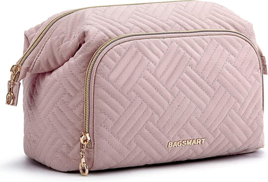 BAGSMART Travel Makeup Bag, Cosmetic Bag Small Make Up Organizer Case,Wide-open Pouch for Women Purse for Toiletries Accessories Brushes Pink