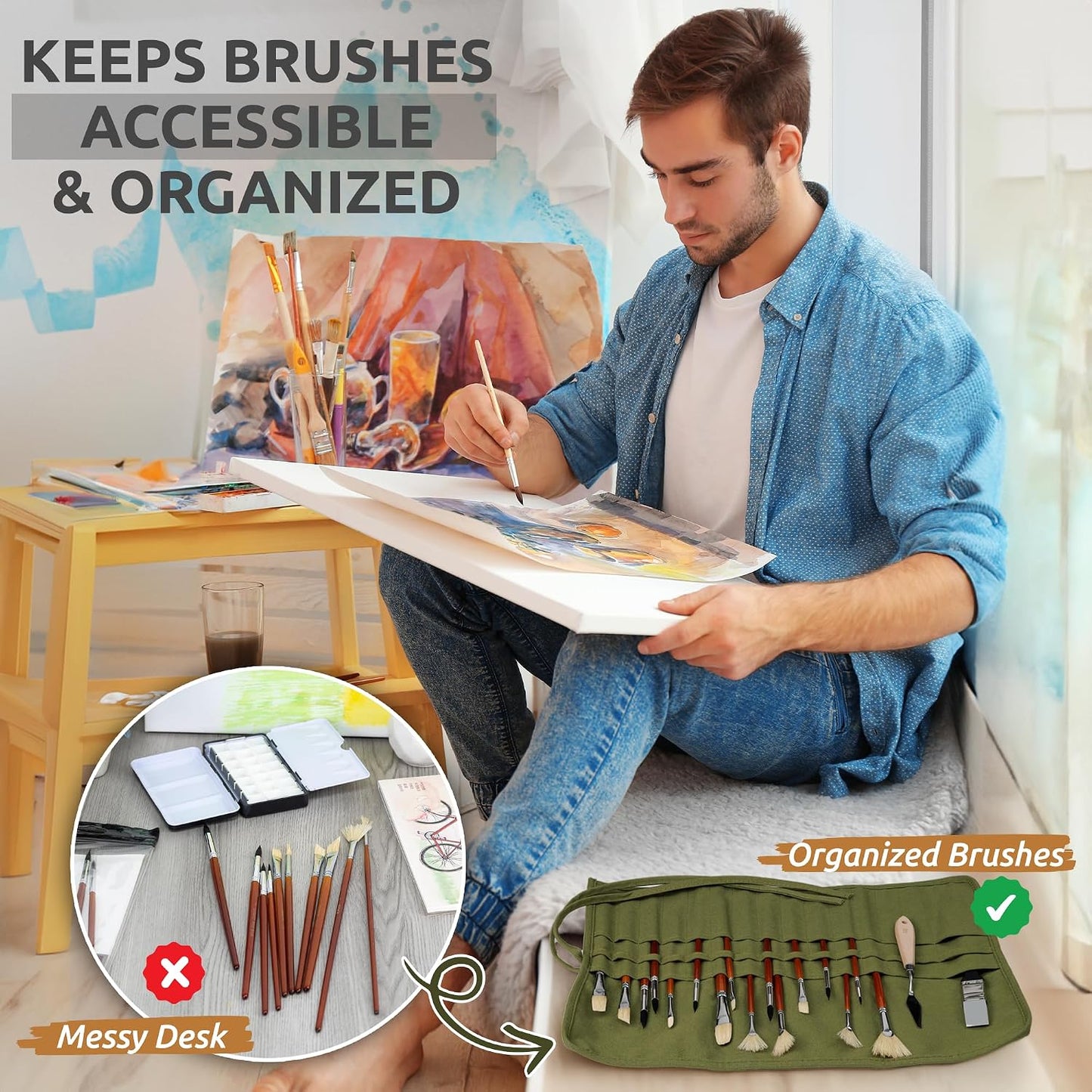 DUGATO 30-Slot Roll-Up Canvas Brush Holder, Army Green