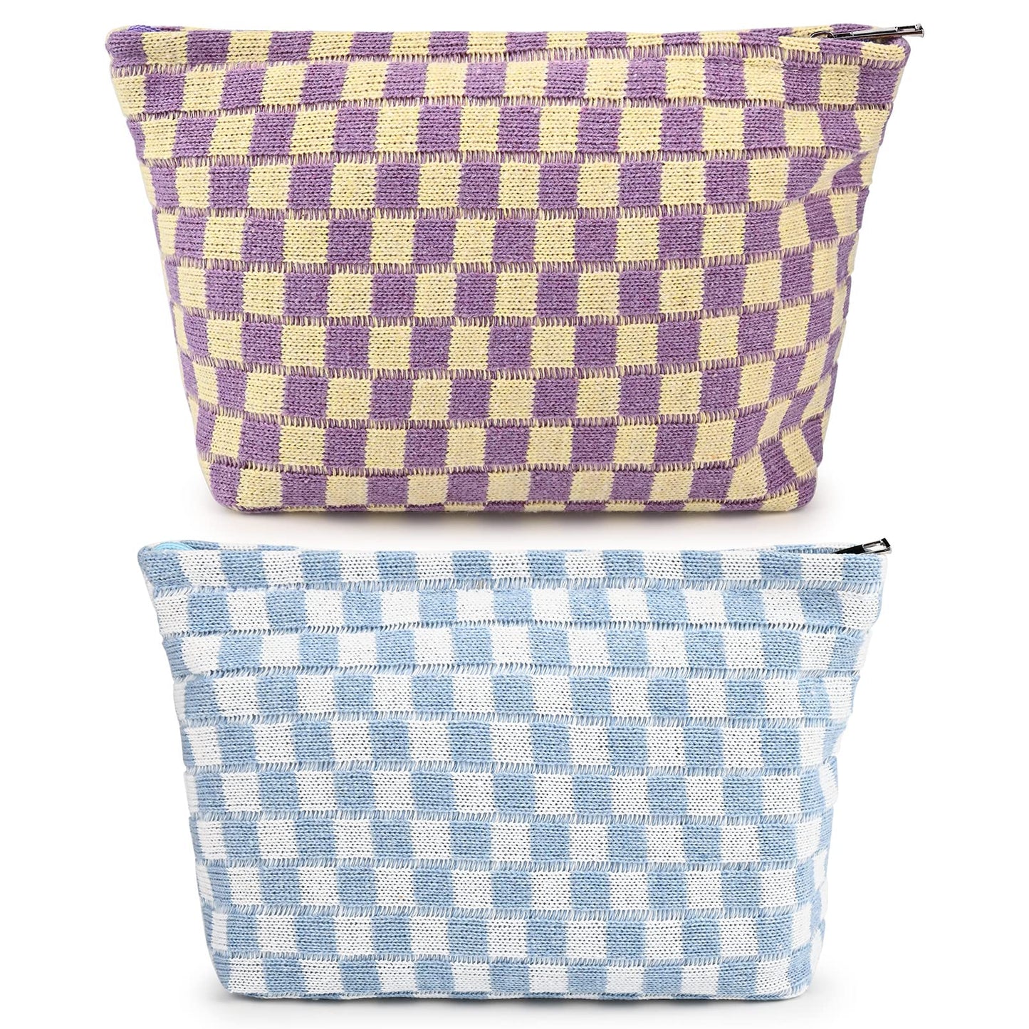 SOIDRAM 2 Pieces Makeup Bag Large Checkered Cosmetic Bag Capacity Canvas Mix Travel Toiletry Bag Organizer Cute Makeup Brushes Aesthetic Accessories Storage Bag for Women, Checkered Mix Rose Red