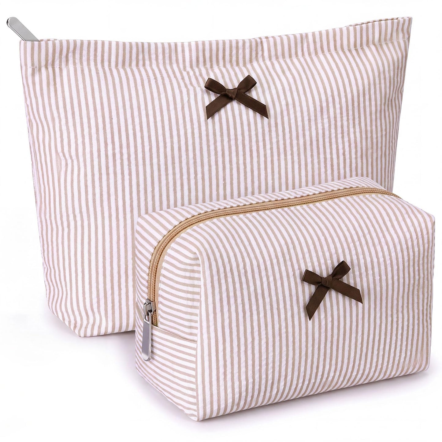 Huhumy 2 Pcs Makeup Bag Set for Women, Khaki, Thin Striped Seersucker