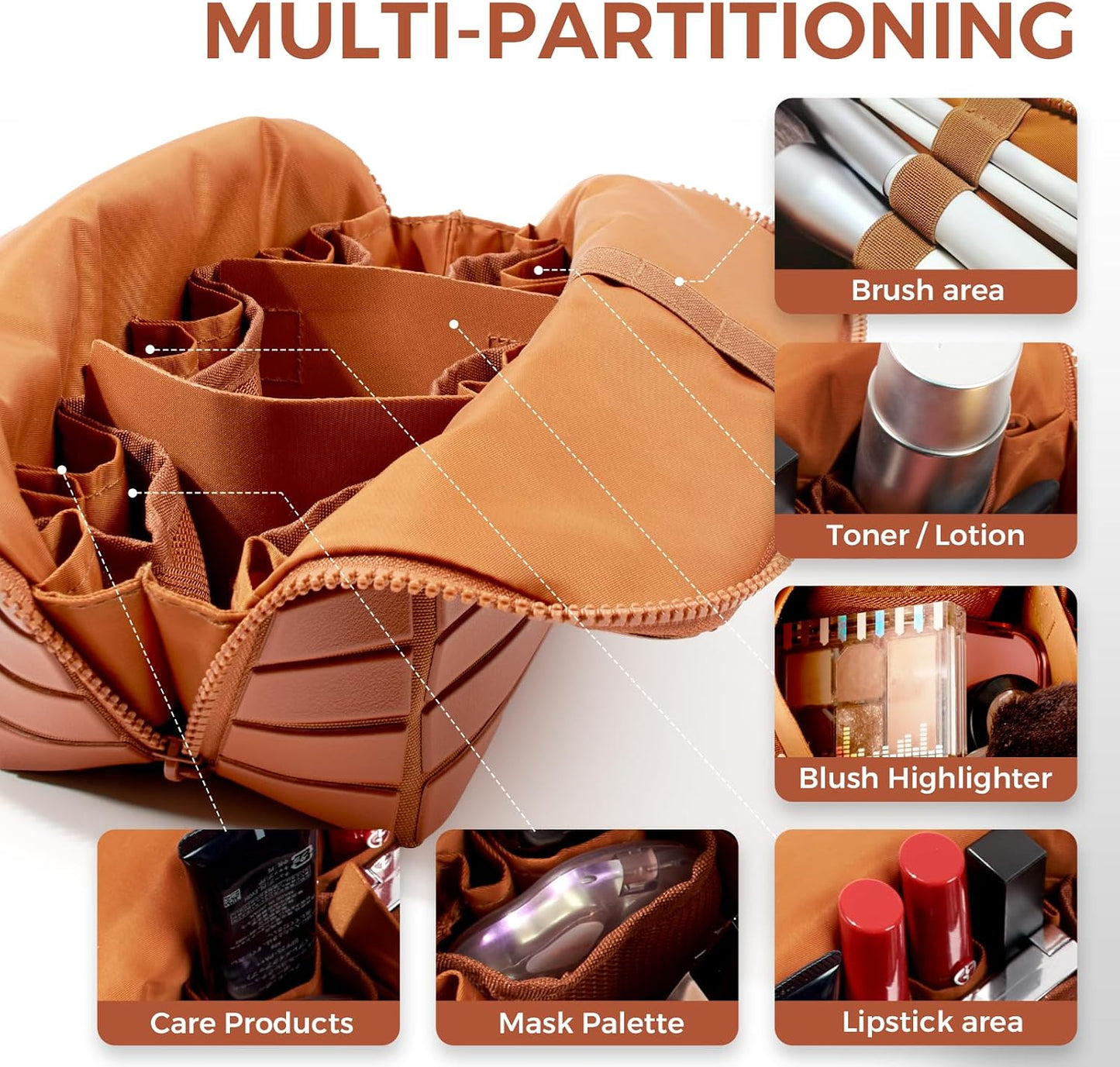 Travel Makeup Organizer Bag with Fold-Down Design and Adjustable Dividers, 27 Pockets & 3 Brush Storage Holders, Large Capacity Cosmetic Bags Toiletry Case - Brown