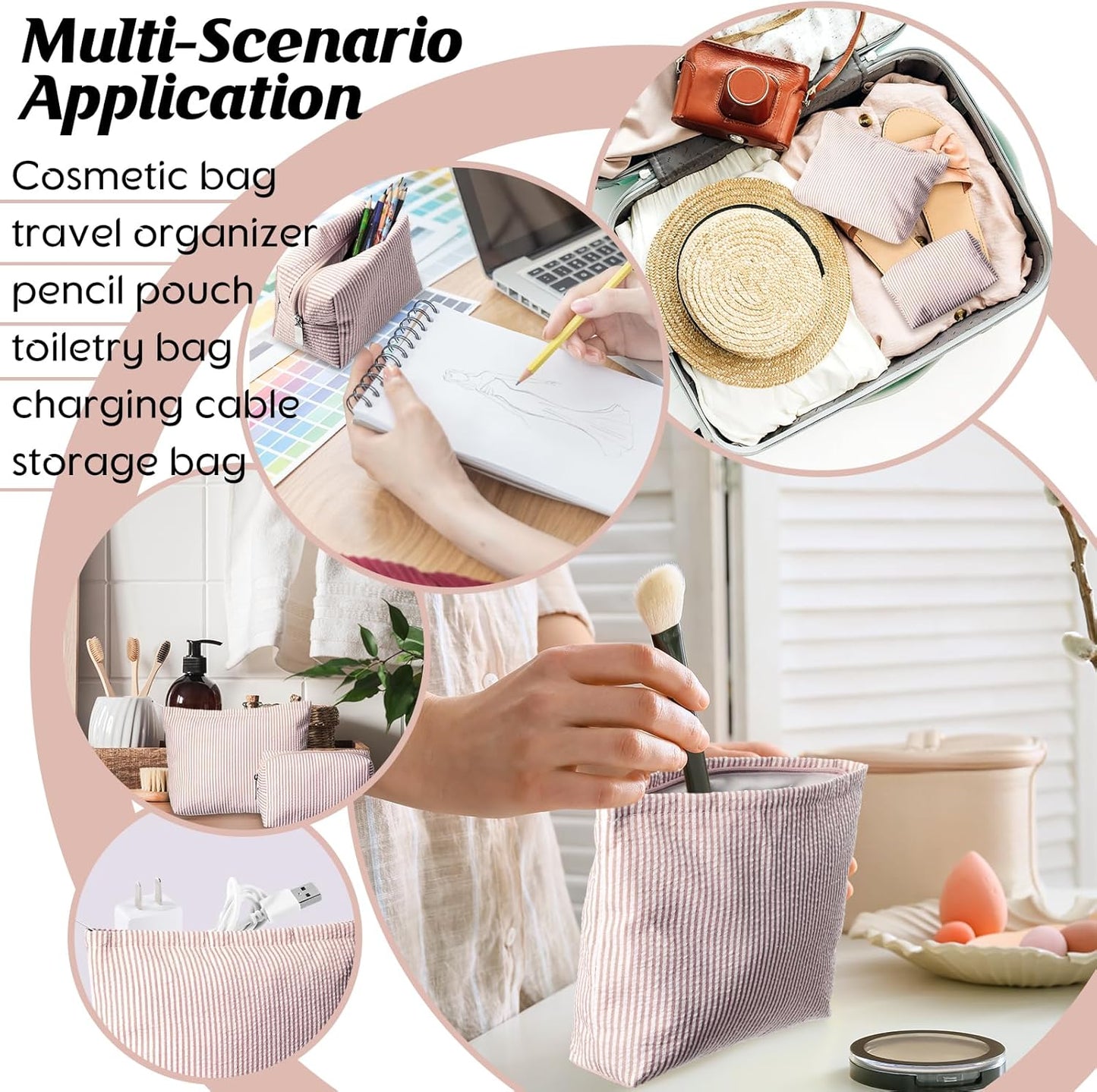 Huhumy 2 Pcs Makeup Bag Set for Women, Khaki, Thin Striped Seersucker
