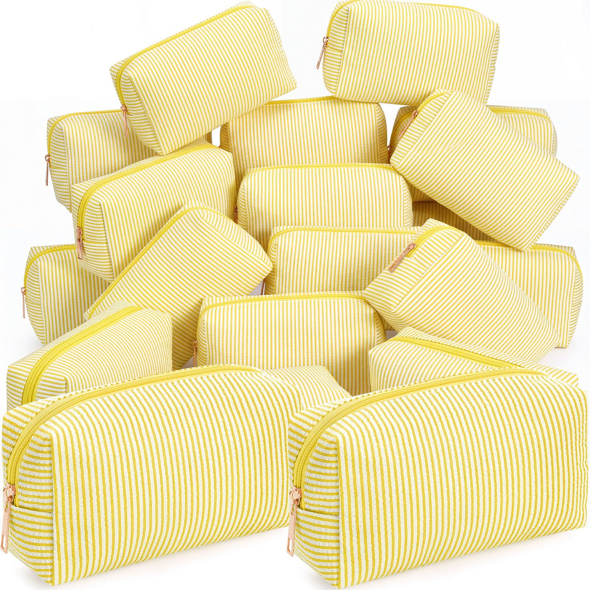 Sanwuta 6 Pcs Seersucker Cosmetic Bags Bulk, Striped Zippered,Khaki