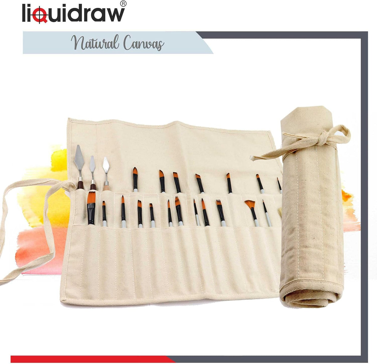 Liquidraw 30 Pocket Canvas Paint Brush Holder - Natural | 21" x 18" | Roll Up Brush Storage Pouch | Ideal Case for Paintbrush & Art Tool Storage | Easy to Carry | Also Great for Makeup Brushes