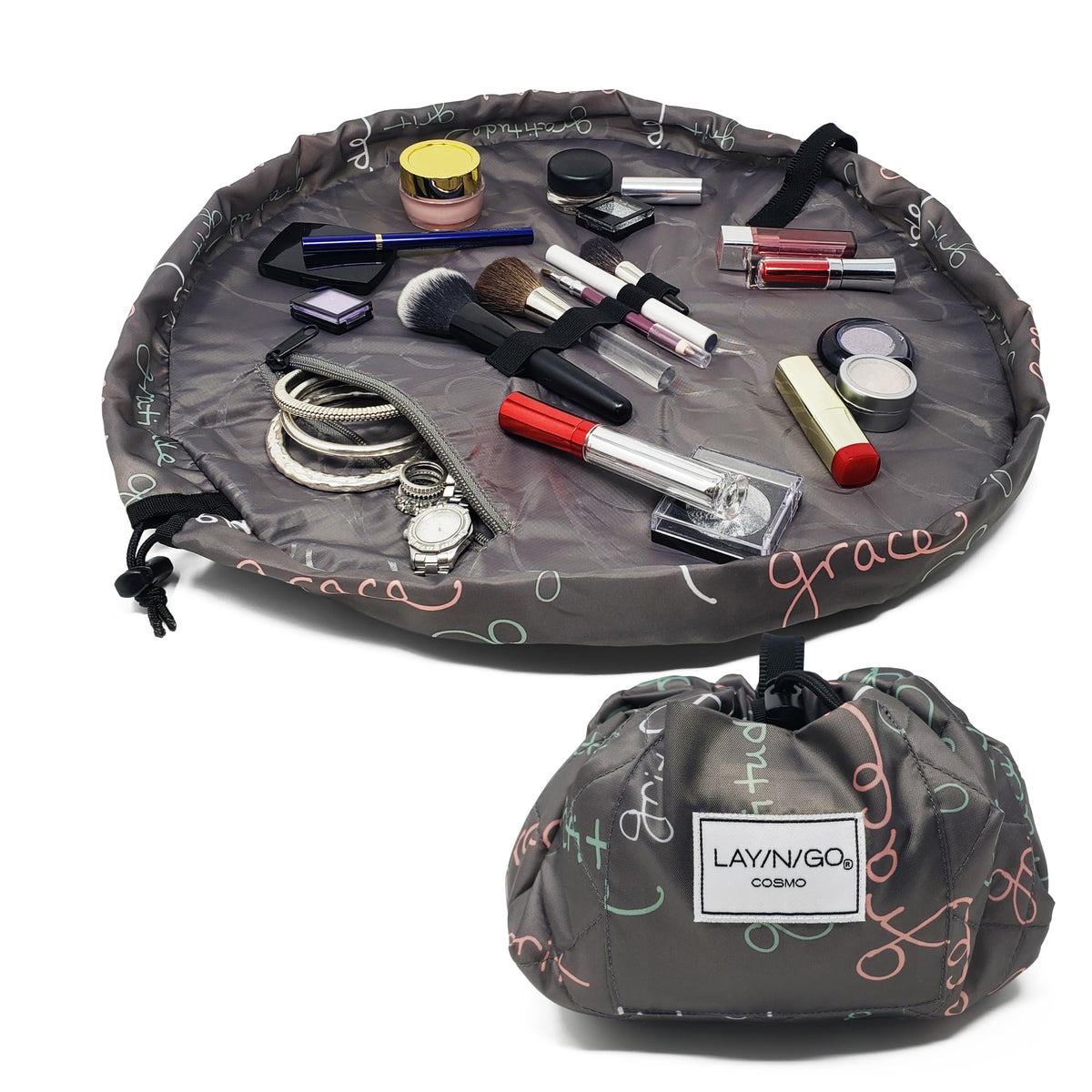 Lay-n-Go Cosmo Layflat Drawstring Cosmetic & Makeup Bag Organizer w/Zipper Pocket, Brush Loops & More, Cinch to Close, Lay Flat to Use, Durable, Machine Wash, Travel Toiletry Bag (20", Dogs)