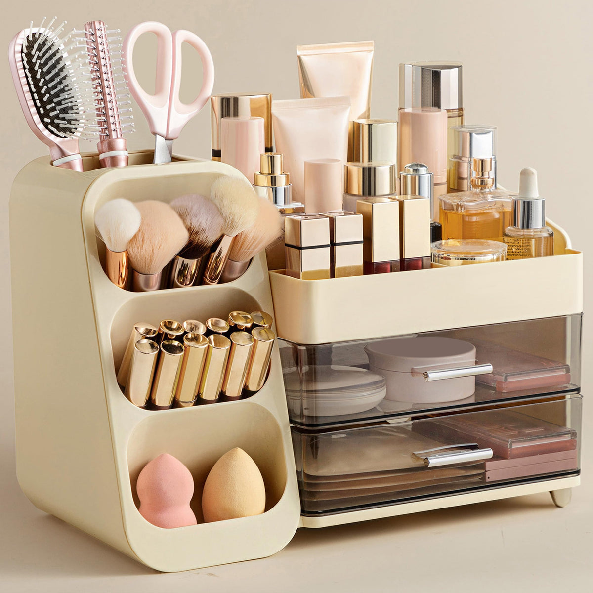 HBlife Makeup Organizer with Brush Holder for Vanity, Large Plastic Bathroom Countertop Organizer Skin Care Storage, Easy to Store Lipsticks, Nail Polishes, Perfumes, Eyeshadow Palettes, All White