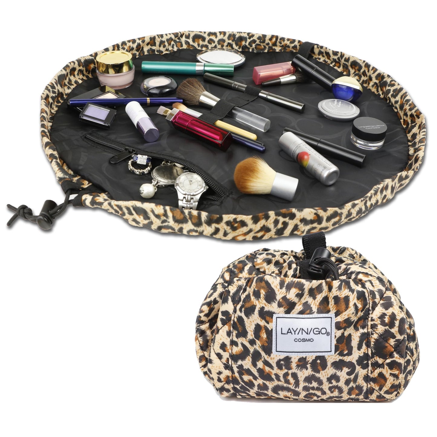 Lay-n-Go Cosmo Layflat Drawstring Cosmetic & Makeup Bag Organizer w/Zipper Pocket, Brush Loops & More, Cinch to Close, Lay Flat to Use, Durable, Machine Wash, Travel Toiletry Bag (20", Dogs)