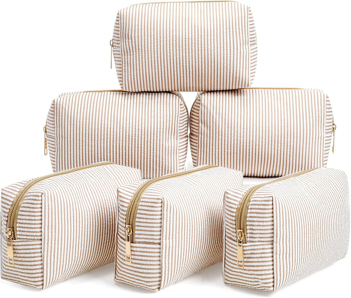 Sanwuta 6 Pcs Seersucker Cosmetic Bags Bulk, Striped Zippered,Khaki