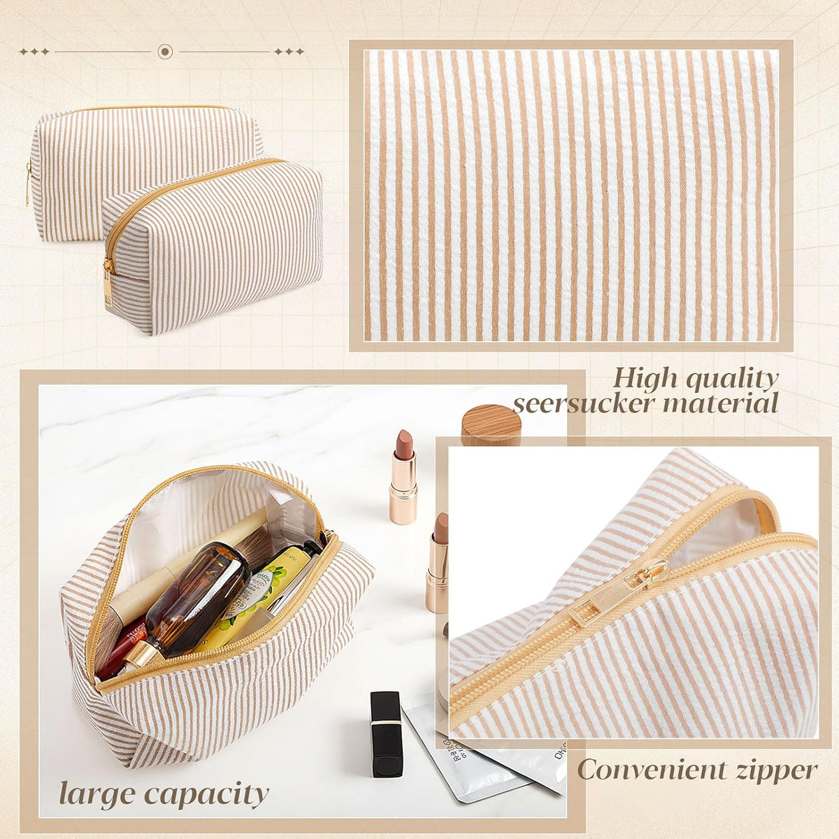 Sanwuta 6 Pcs Seersucker Cosmetic Bags Bulk, Striped Zippered,Khaki