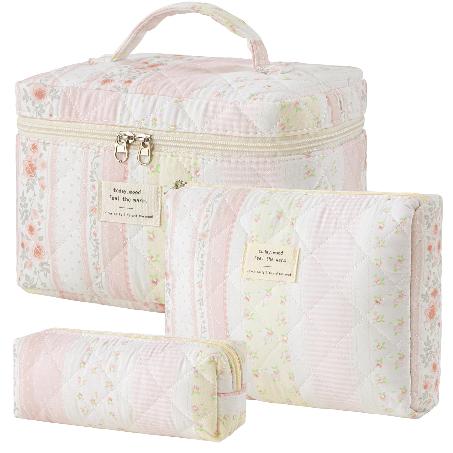 HBselect Quilted Makeup Bag, 3Pcs Cotton Large Travel Makeup Bags Organizer