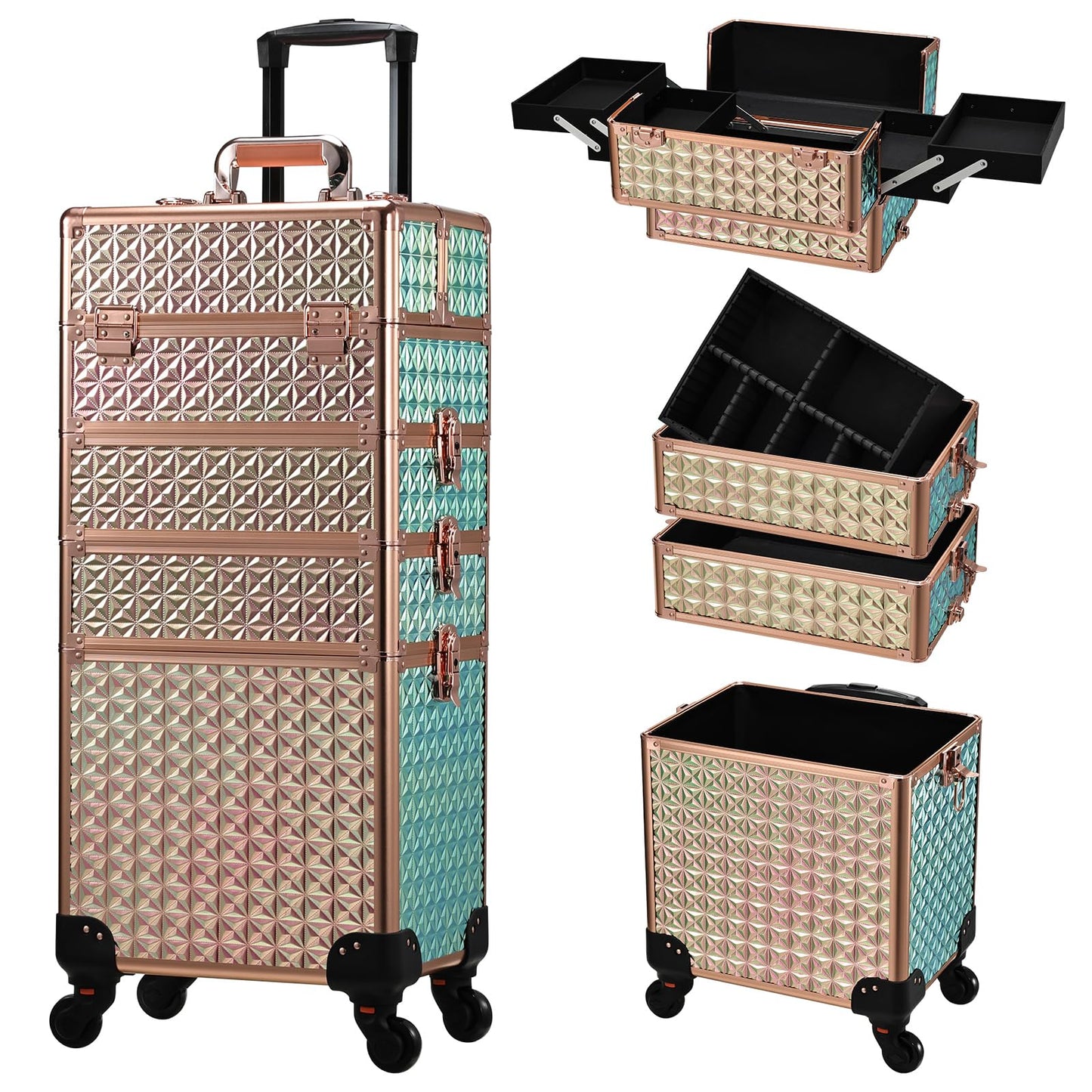 Stagiant Rolling Makeup Case Cosmetology Case on Wheels 4 in 1 Large Cosmetic Organizer Train Case Makeup Travel Case with Key Swivel Wheels Nail Artist Salon Storage Traveling Cart Trunk Black