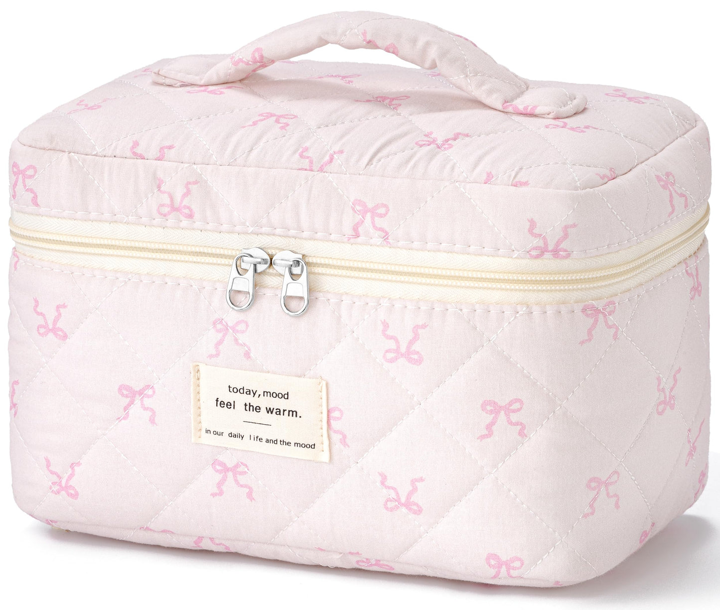 HBselect Large Quilted Makeup Bag for Women Cute Cotton Travel Cosmetic Bag | Floral Coquette Aesthetic Toiletry Organizer Bag with Handle, Portable Multifunctional Makeup Bag, Gifts for Bridesmaids