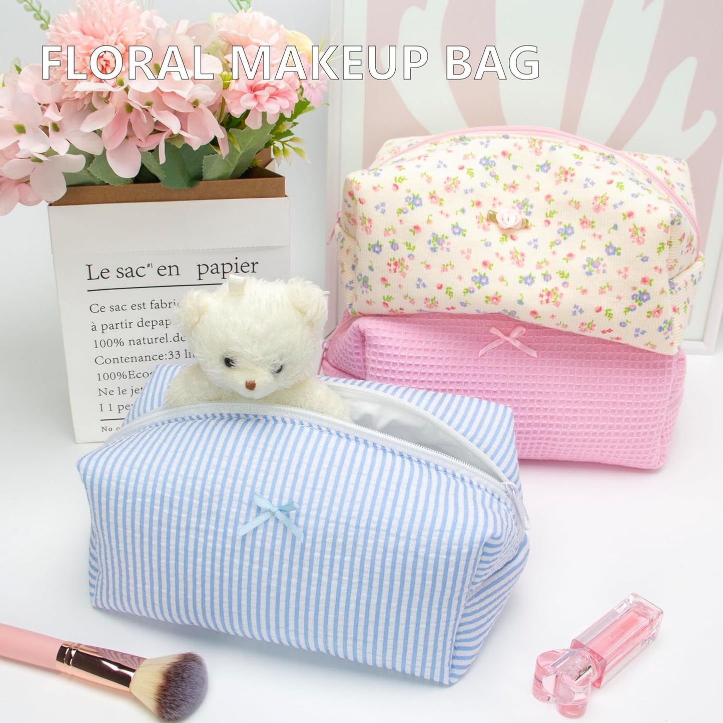 PAZIMIIK Cozy Makeup Bag for Women,Zipper Cosmetic Pouch,Stripe Blue