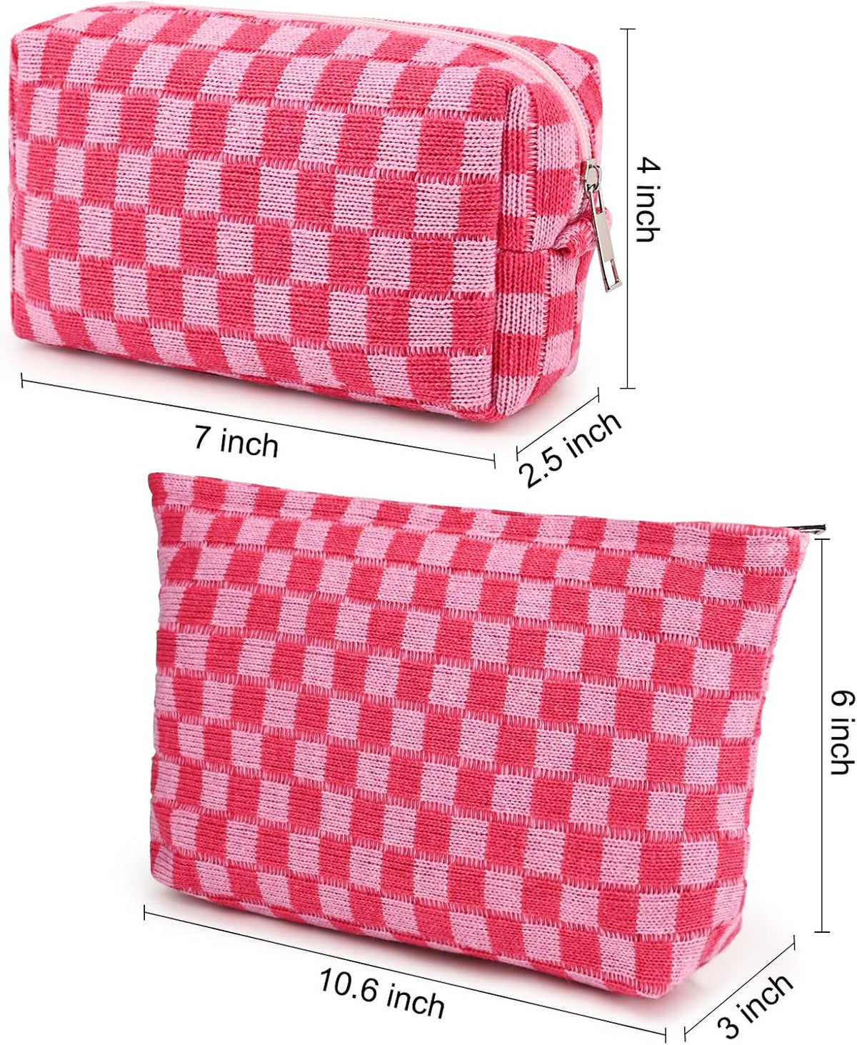 SOIDRAM 2 Pieces Makeup Bag Large Checkered Cosmetic Bag Capacity Canvas Mix Travel Toiletry Bag Organizer Cute Makeup Brushes Aesthetic Accessories Storage Bag for Women, Checkered Mix Rose Red