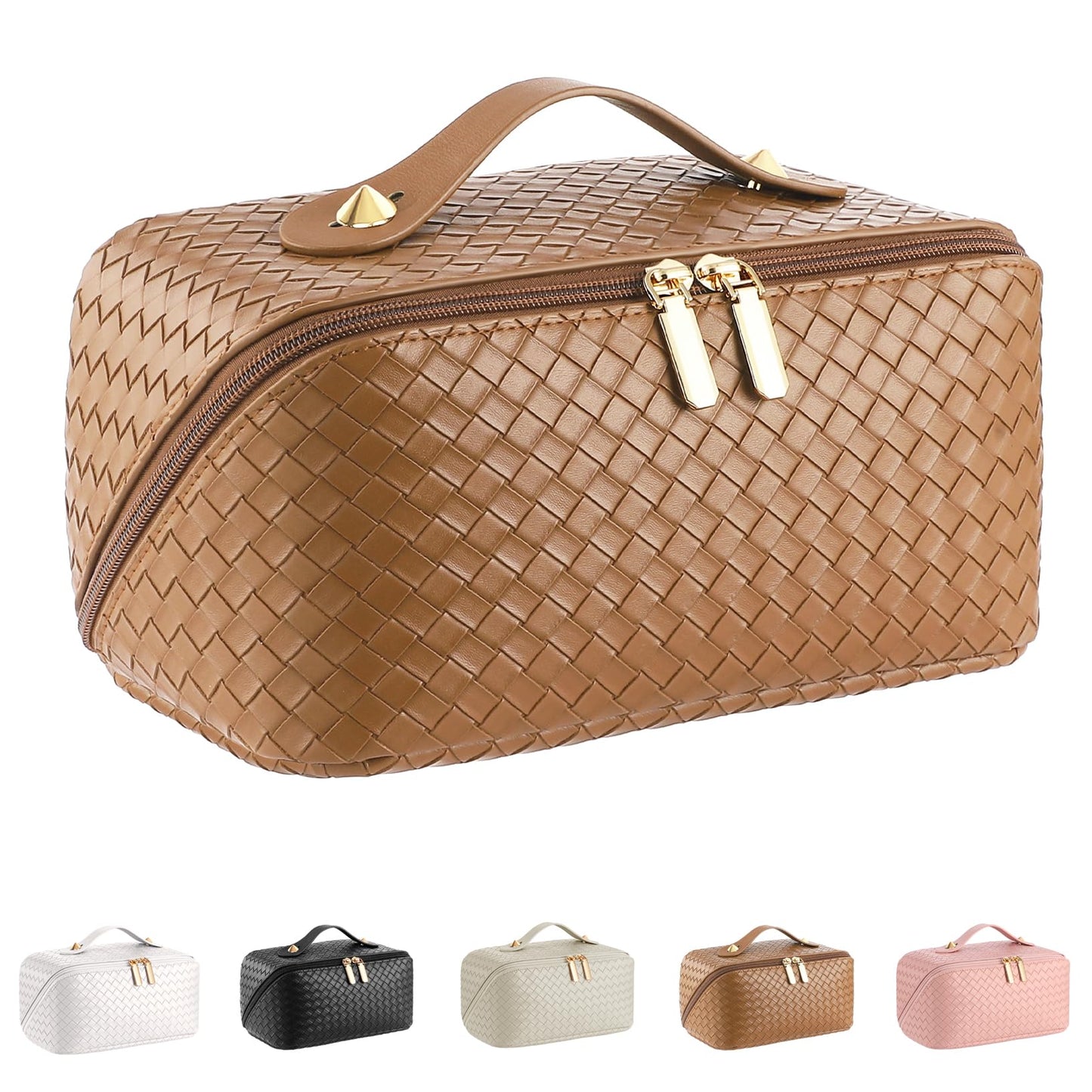 ALEXTINA Travel Makeup Bag, Large Capacity Cosmetic Bag for Women, Open Flat Make up Bag, Waterproof PU Leather Checkered Makeup Organizer Bag with Collapsible Handle,Toiletry Bag for Cosmetics, White