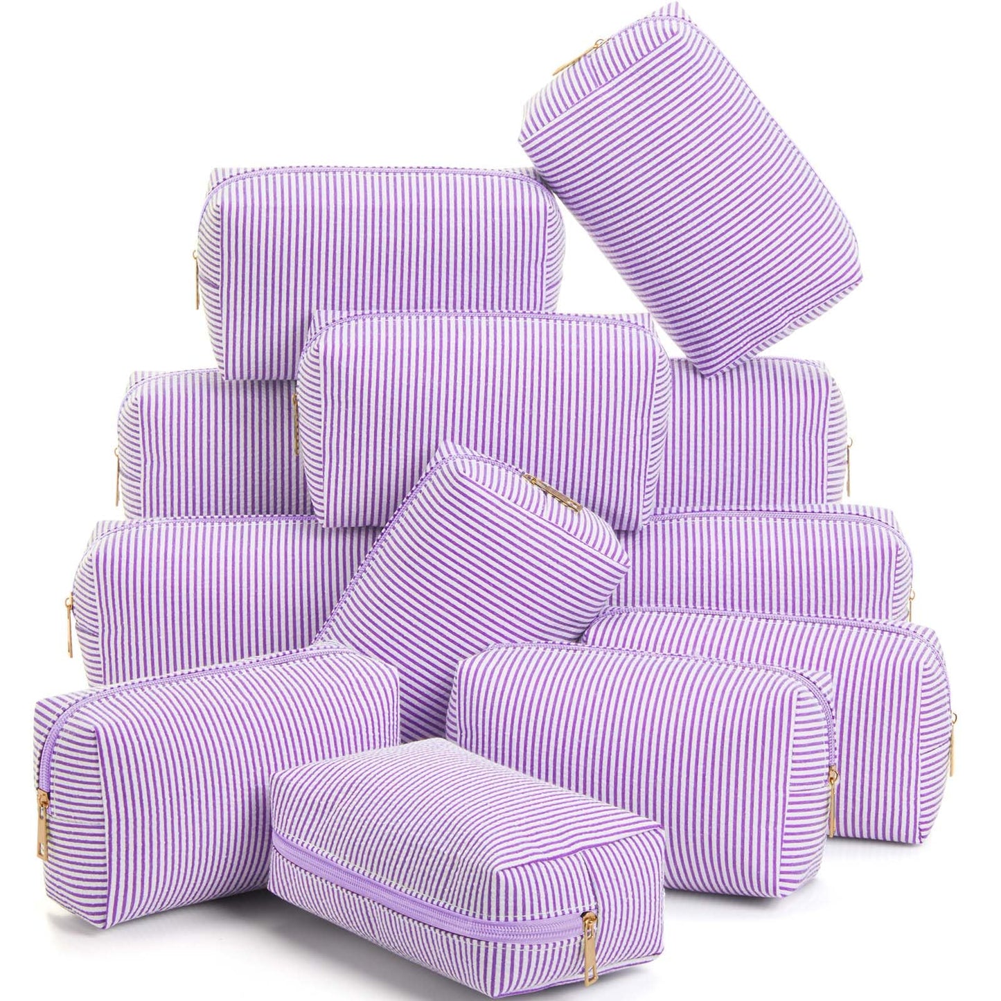 Sanwuta 6 Pcs Seersucker Cosmetic Bags Bulk, Striped Zippered,Khaki