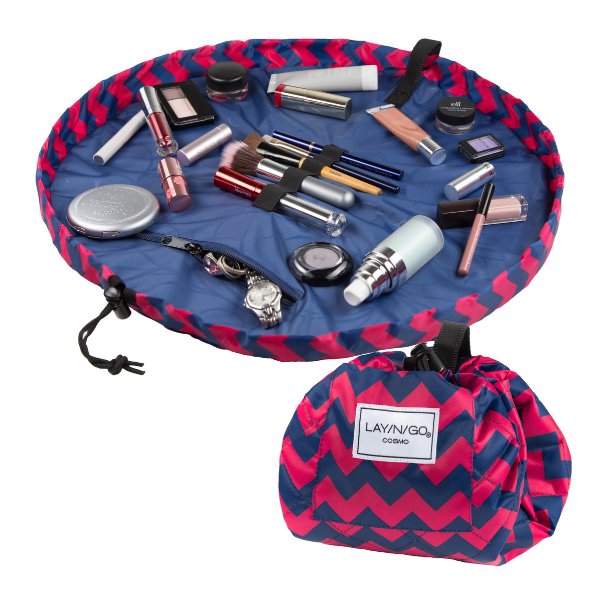 Lay-n-Go Cosmo Layflat Drawstring Cosmetic & Makeup Bag Organizer w/Zipper Pocket, Brush Loops & More, Cinch to Close, Lay Flat to Use, Durable, Machine Wash, Travel Toiletry Bag (20", Dogs)