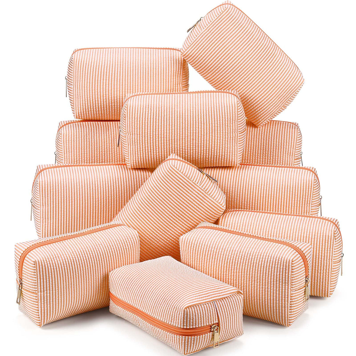 Sanwuta 6 Pcs Seersucker Cosmetic Bags Bulk, Striped Zippered,Khaki