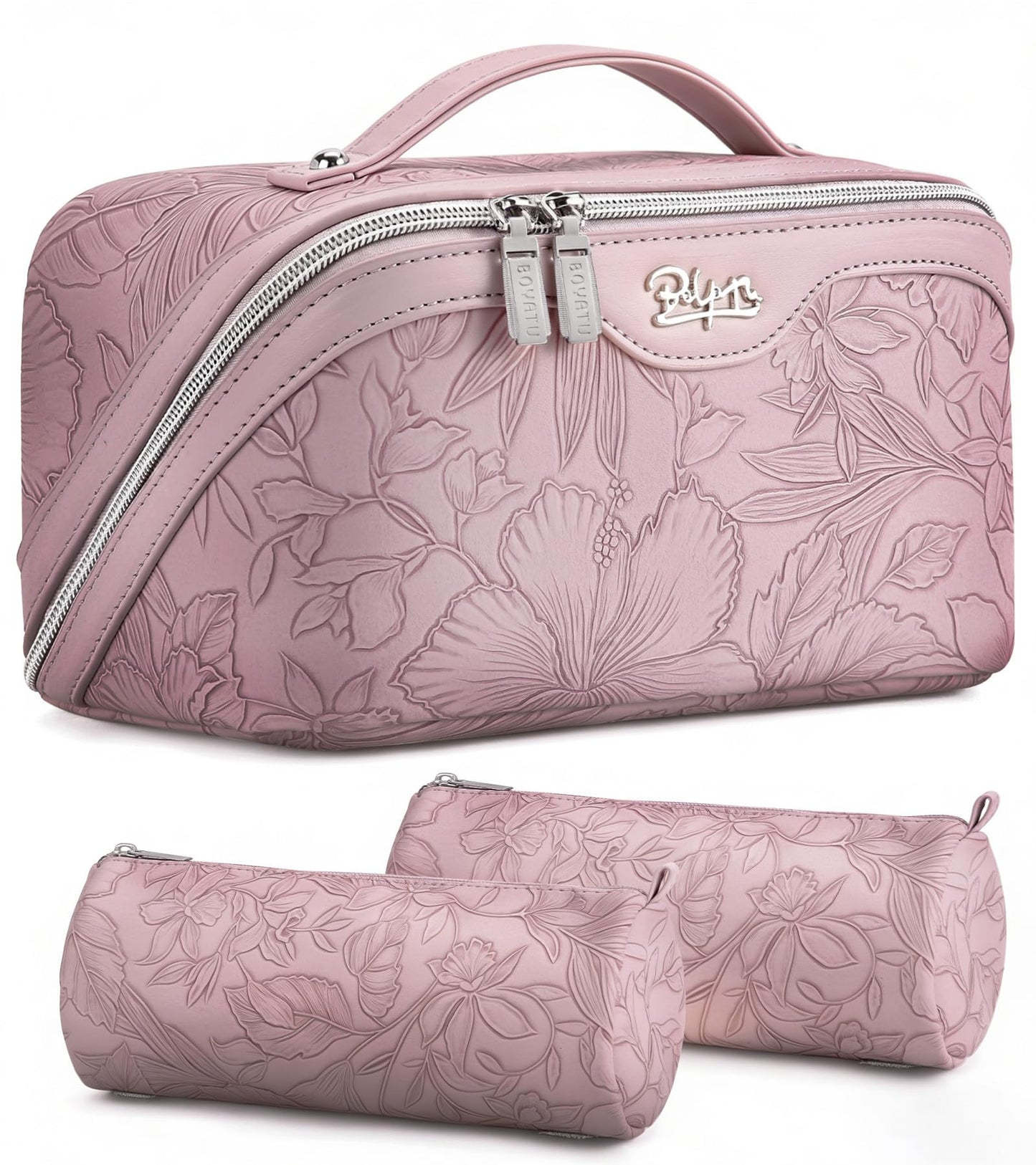 BOYATU Travel Makeup Bags Cosmetic Organizer Bag: Floral Make up Bag | 3 Pcs Set Large Capacity Makeup Bag with Compartments - Waterproof Leather Toiletry Bags with Handle for Women (Blue)