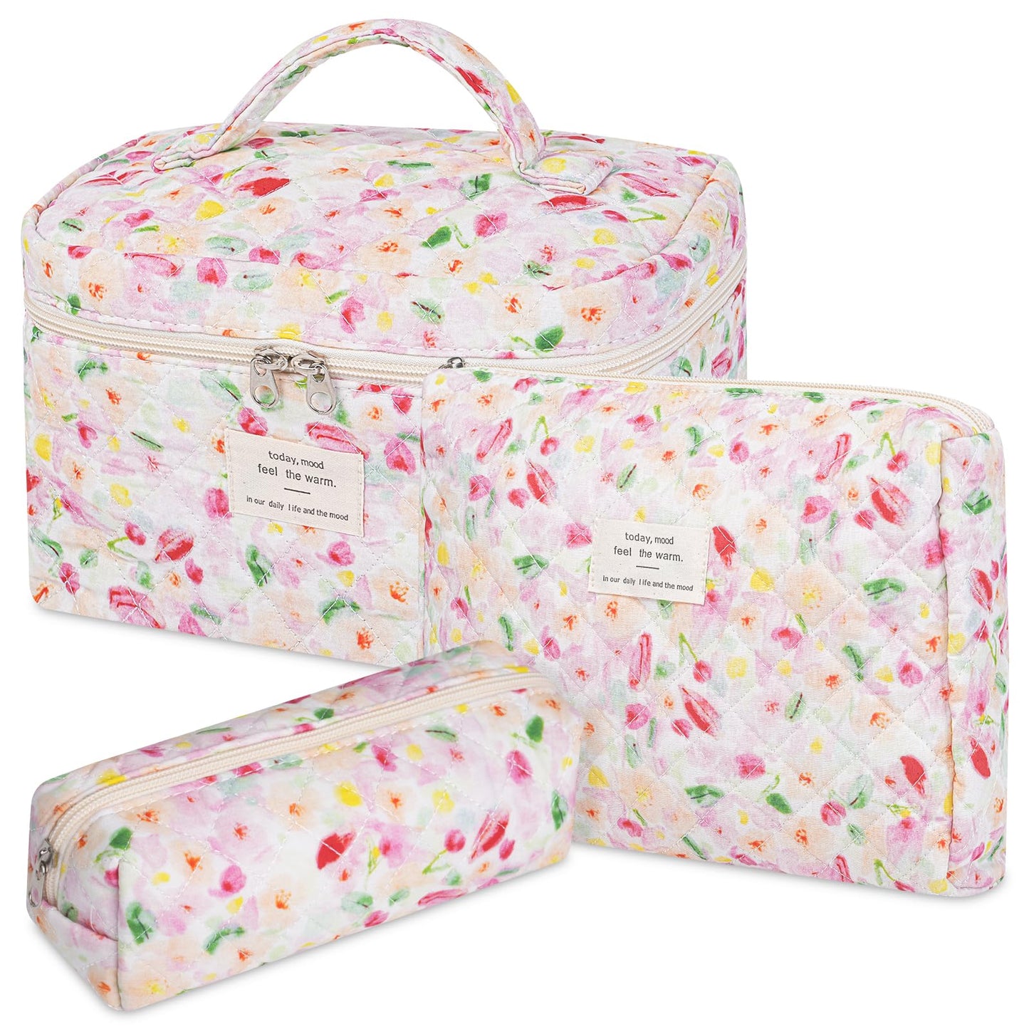 senbowe Floral Makeup Bag, 3 Pack Large Cotton Quilted Makeup Bag Set, Cute Floral Coquette Aesthetic Toiletry Bag Make Up Cosmetic Bag for Women, Toiletry Travel Make Up Organizer Bag