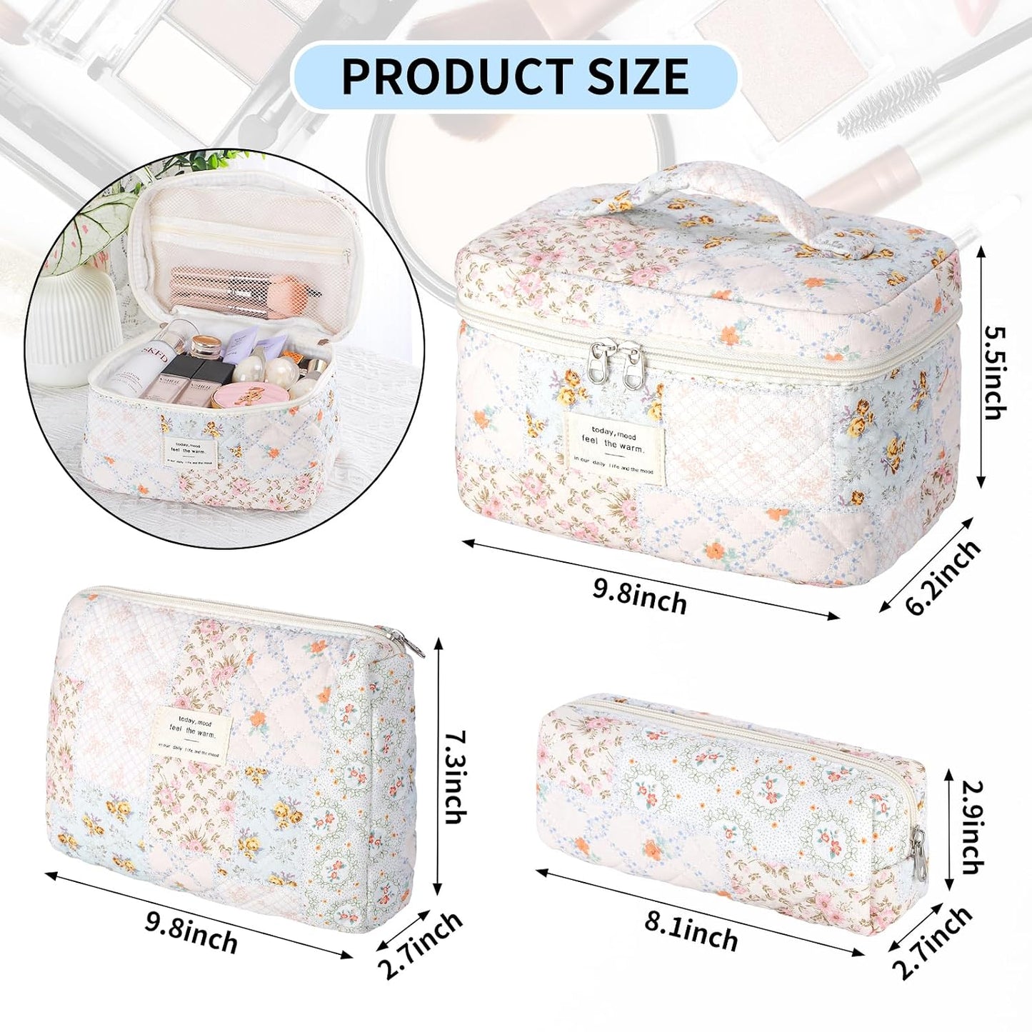 senbowe Floral Makeup Bag, 3 Pack Large Cotton Quilted Makeup Bag Set, Cute Floral Coquette Aesthetic Toiletry Bag Make Up Cosmetic Bag for Women, Toiletry Travel Make Up Organizer Bag