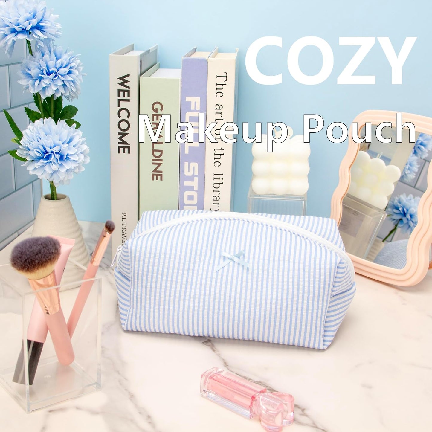PAZIMIIK Cozy Makeup Bag for Women,Zipper Cosmetic Pouch,Stripe Blue