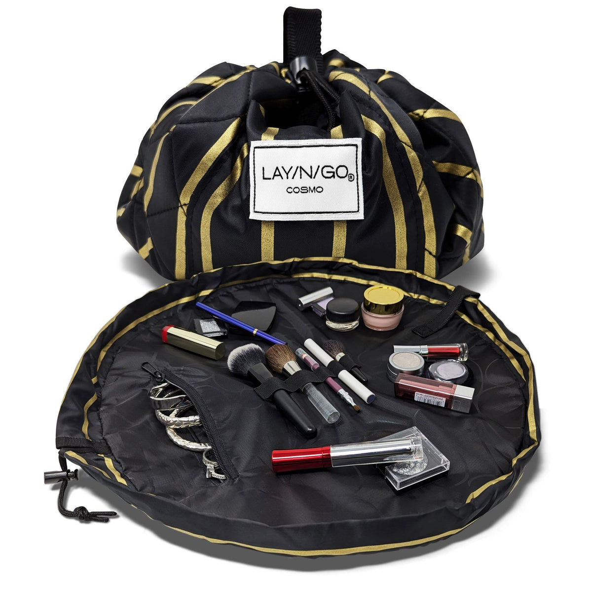 Lay-n-Go Cosmo Layflat Drawstring Cosmetic & Makeup Bag Organizer w/Zipper Pocket, Brush Loops & More, Cinch to Close, Lay Flat to Use, Durable, Machine Wash, Travel Toiletry Bag (20", Dogs)