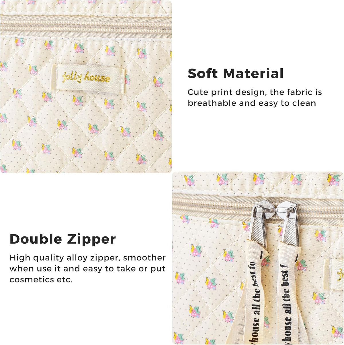 HBselect Quilted Makeup Bag, 3Pcs Cotton Large Travel Makeup Bags Organizer