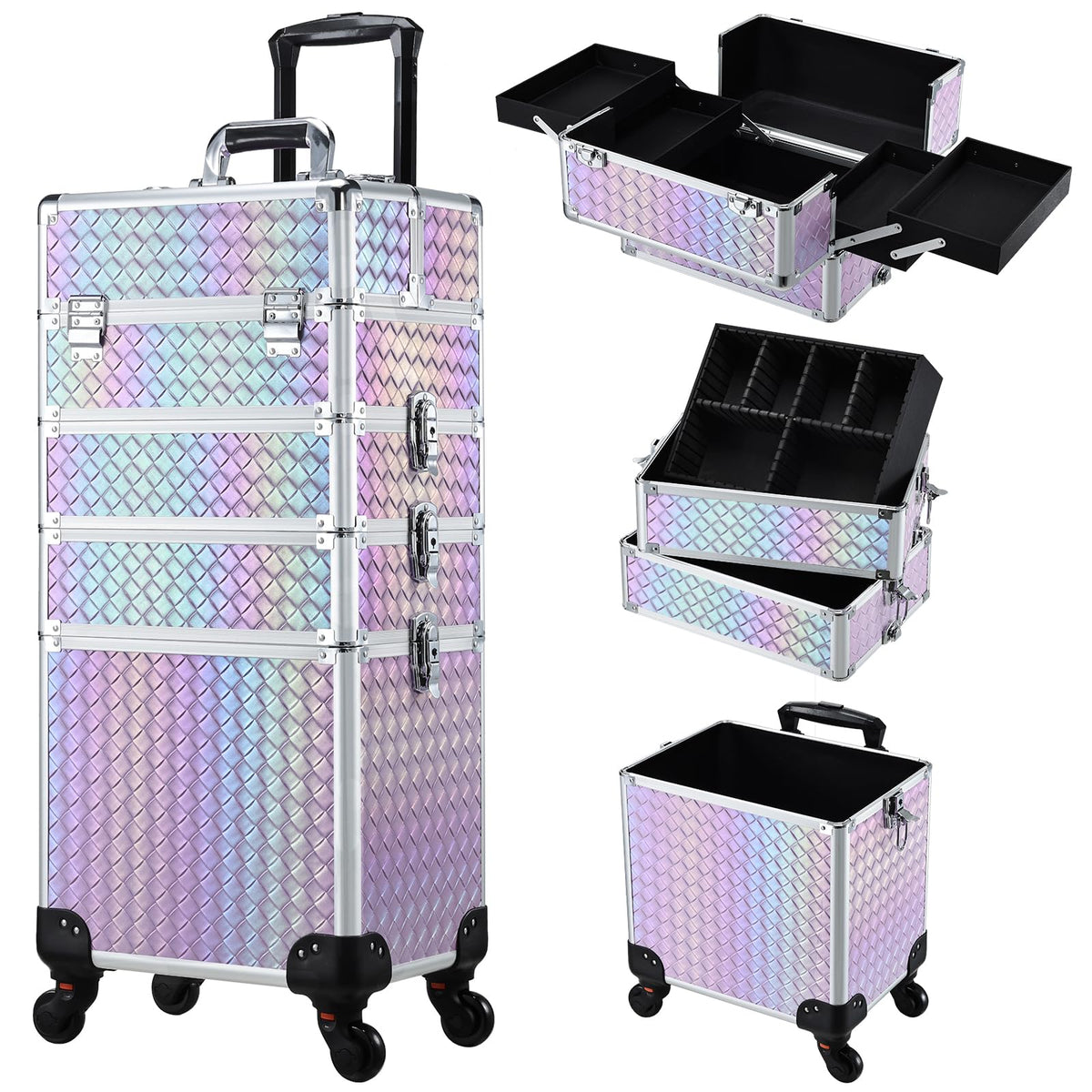 Stagiant Rolling Makeup Case Cosmetology Case on Wheels 4 in 1 Large Cosmetic Organizer Train Case Makeup Travel Case with Key Swivel Wheels Nail Artist Salon Storage Traveling Cart Trunk Black