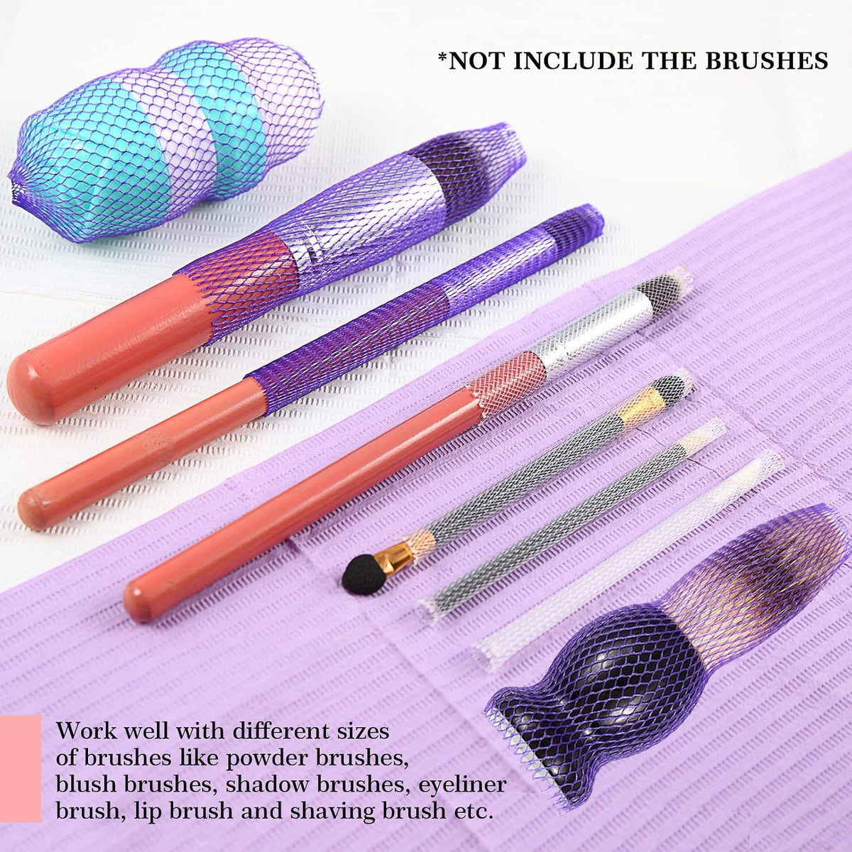 100pcs Makeup Brush Protector Cosmetic Makeup Brush Pen Guard Expandable Mesh Sleeve Covers Set Storage Small Medium Large Sizes Brushes for Travel (Purple and White)