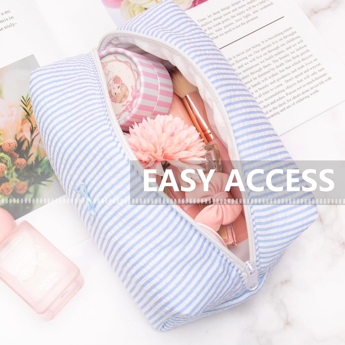PAZIMIIK Cozy Makeup Bag for Women,Zipper Cosmetic Pouch,Stripe Blue
