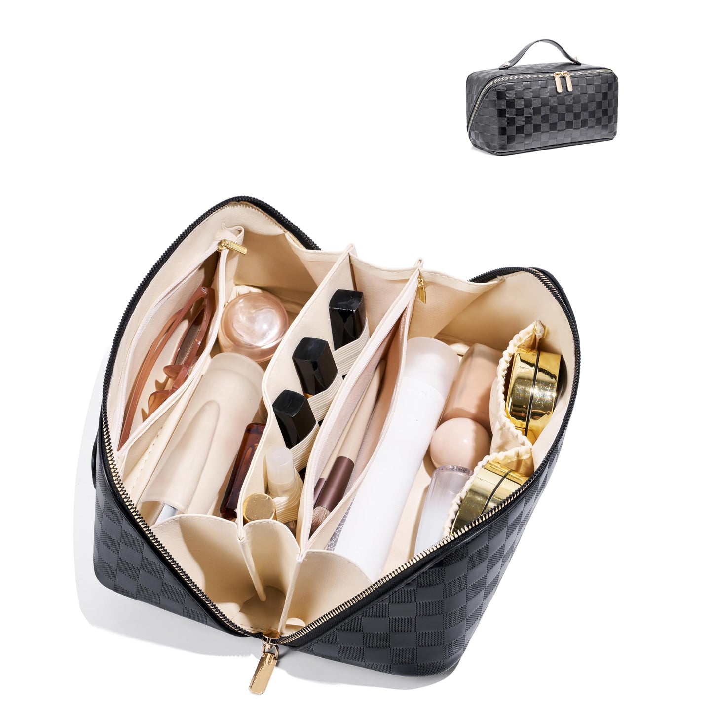 ALEXTINA Travel Makeup Bag, Large Capacity Cosmetic Bag for Women, Open Flat Make up Bag, Waterproof PU Leather Checkered Makeup Organizer Bag with Collapsible Handle,Toiletry Bag for Cosmetics, White