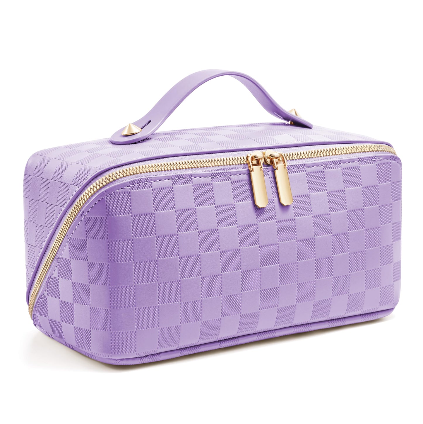 ALEXTINA Travel Makeup Bag, Large Capacity Cosmetic Bag for Women, Open Flat Make up Bag, Waterproof PU Leather Checkered Makeup Organizer Bag with Collapsible Handle,Toiletry Bag for Cosmetics, White