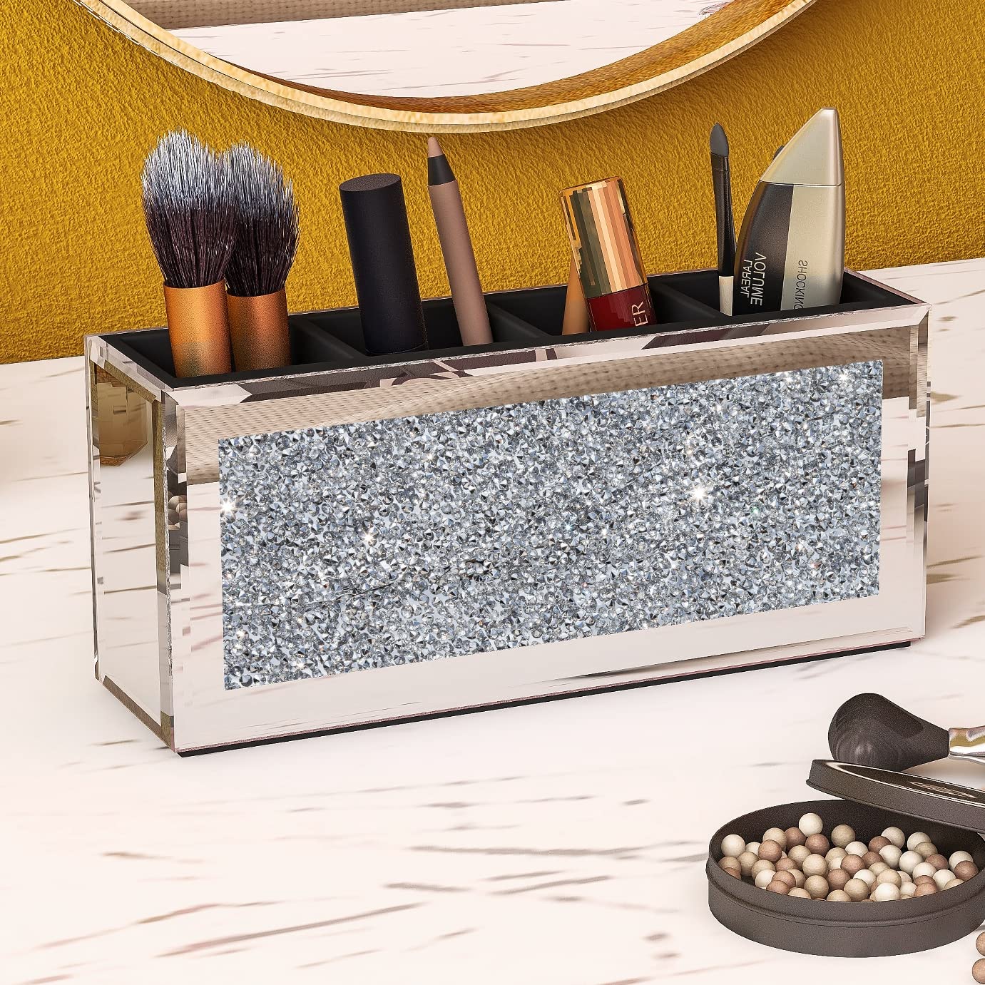 SHYFOY Mirrored Makeup Brush Holder Organizer with Crushed Diamond, 3 Slots