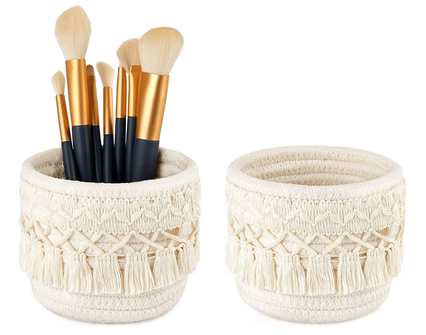 Mkono Macrame Makeup Brush Holder, Boho Mini Storage Basket Set of 2