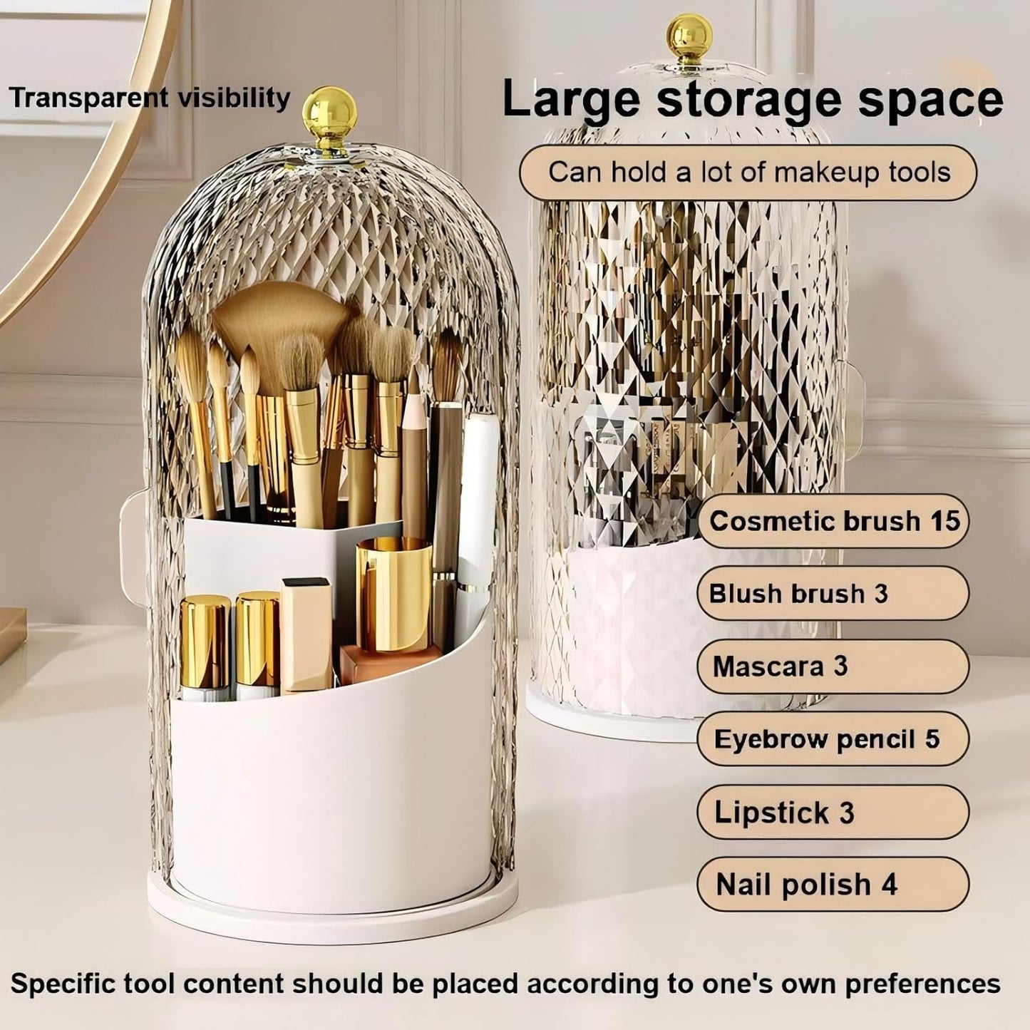 Makeup Brush Holder with Lid,360 Rotating Makeup Organizer