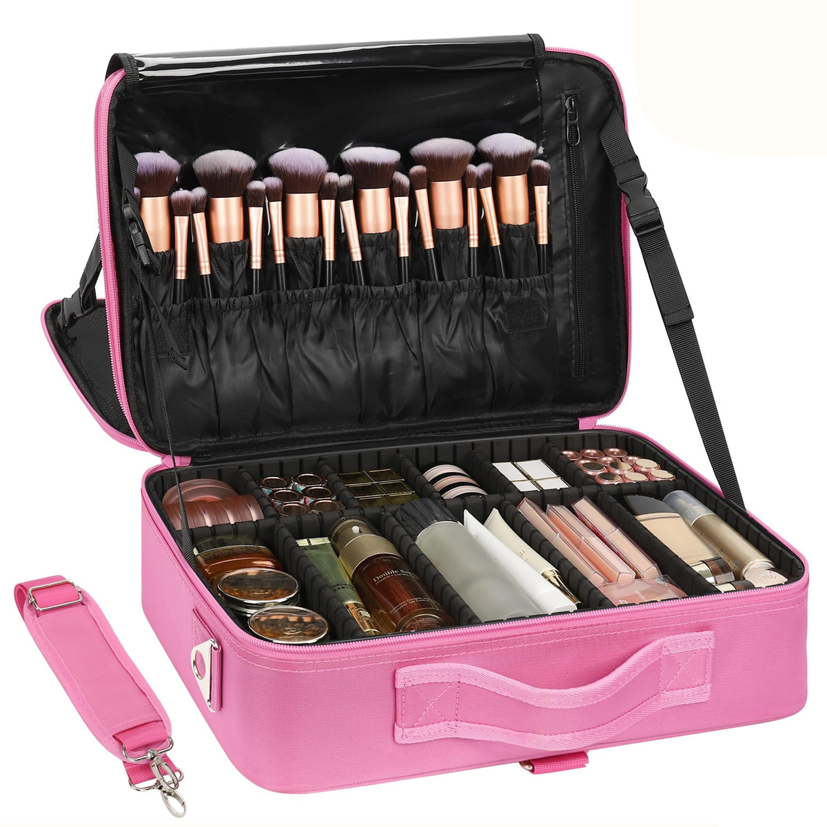 Relavel Makeup Case Large Makeup Bag Professional Train Case 16.5 inches Travel Cosmetic Organizer Brush Holder Waterproof Makeup Artist Storage Box, 3 Layer Large Capacity, with Adjustable Strap