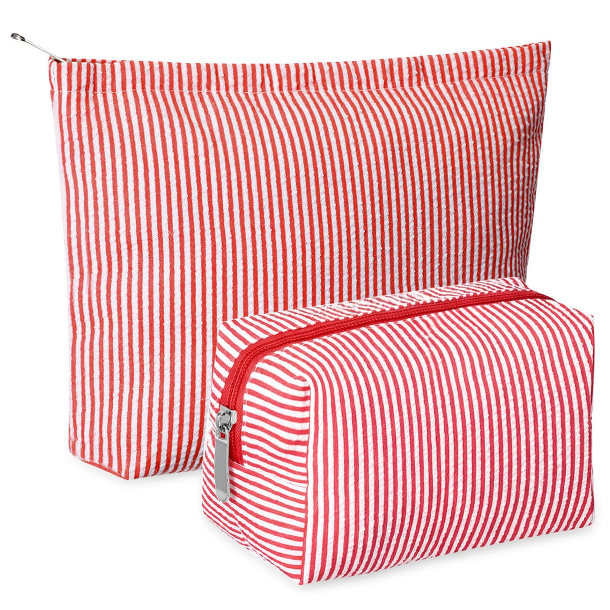 Huhumy 2 Pcs Makeup Bag Set for Women, Khaki, Thin Striped Seersucker