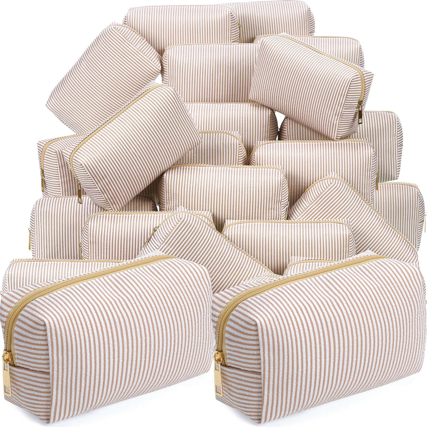 Sanwuta 6 Pcs Seersucker Cosmetic Bags Bulk, Striped Zippered,Khaki
