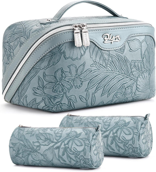 BOYATU Travel Makeup Bags Cosmetic Organizer Bag: Floral Make up Bag | 3 Pcs Set Large Capacity Makeup Bag with Compartments - Waterproof Leather Toiletry Bags with Handle for Women (Blue)