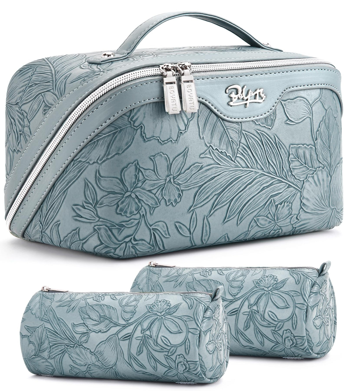 BOYATU Travel Makeup Bags Cosmetic Organizer Bag: Floral Make up Bag | 3 Pcs Set Large Capacity Makeup Bag with Compartments - Waterproof Leather Toiletry Bags with Handle for Women (Blue)