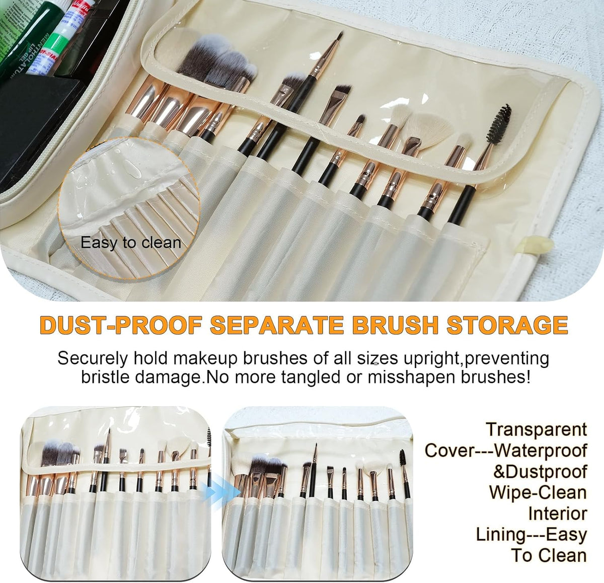 Folding Makeup Brush Bag with Separate Compartment,Rollup & Open Flat(white
