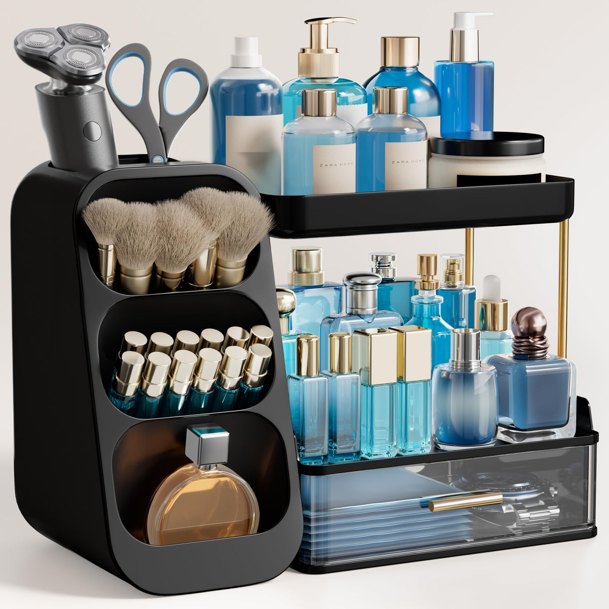 HBlife Makeup Organizer with Brush Holder for Vanity, Large Plastic Bathroom Countertop Organizer Skin Care Storage, Easy to Store Lipsticks, Nail Polishes, Perfumes, Eyeshadow Palettes, All White