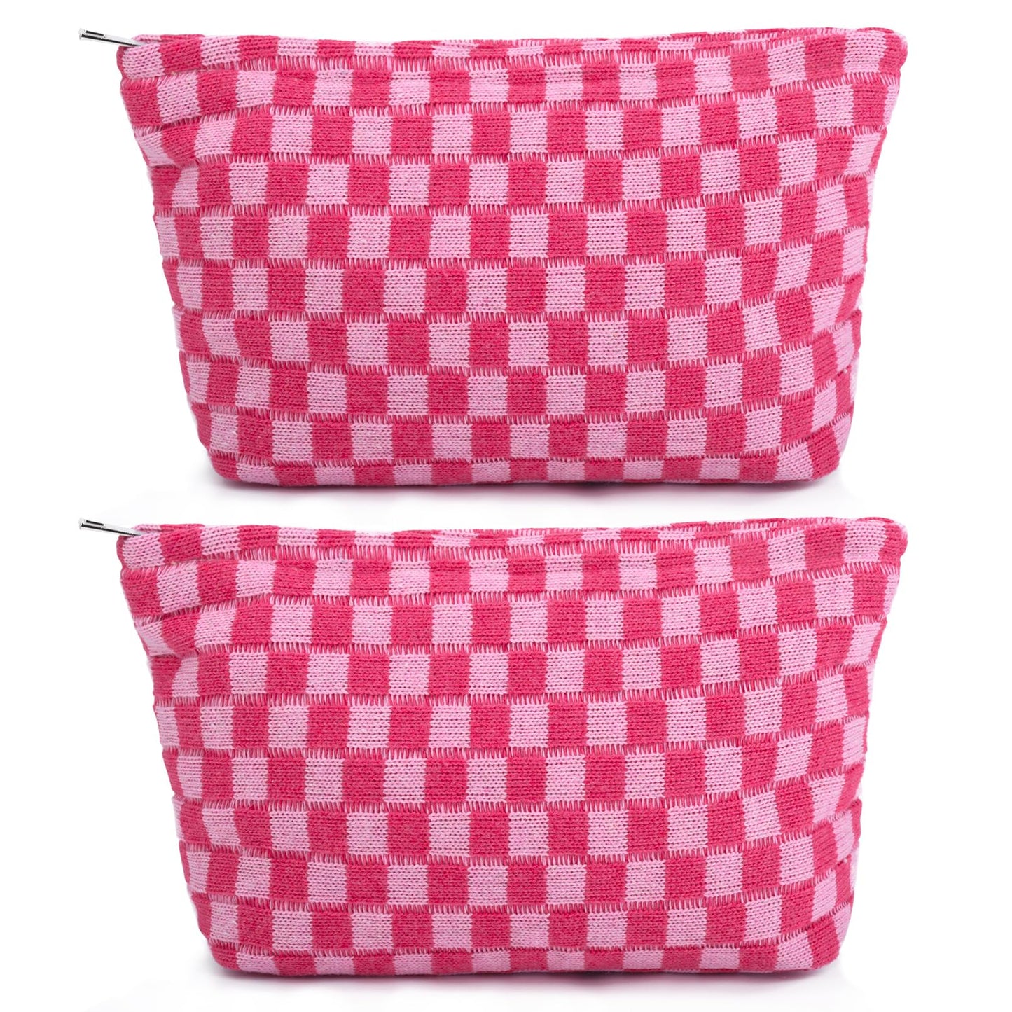 SOIDRAM 2 Pieces Makeup Bag Large Checkered Cosmetic Bag Capacity Canvas Mix Travel Toiletry Bag Organizer Cute Makeup Brushes Aesthetic Accessories Storage Bag for Women, Checkered Mix Rose Red