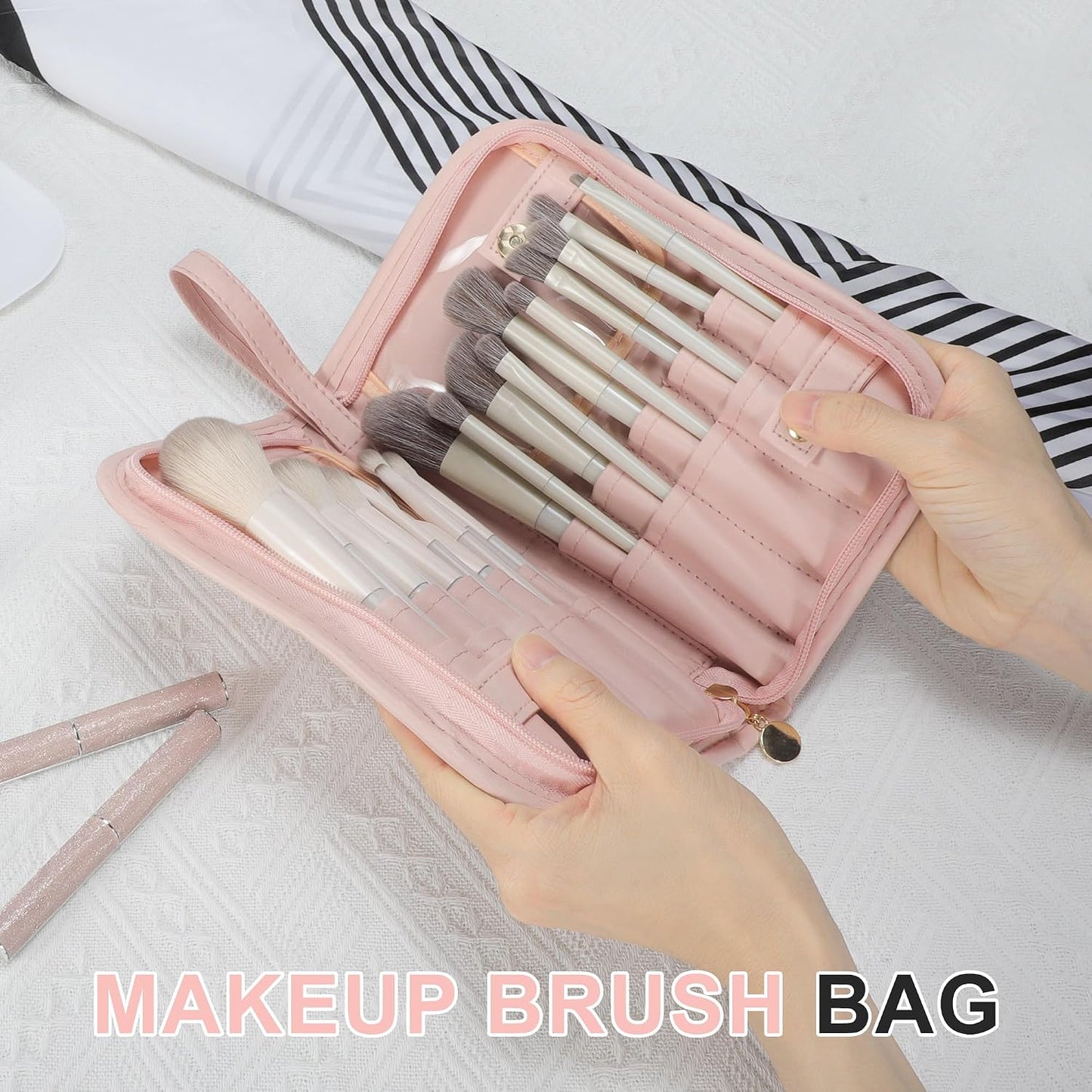 Travel Makeup Brush Case, Stand-Up Portable Makeup Brush Holder Pink