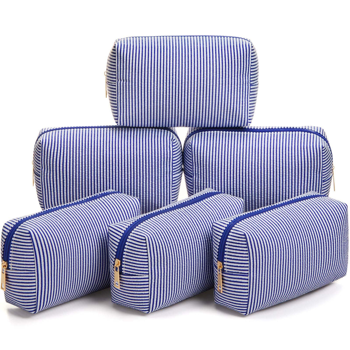 Sanwuta 6 Pcs Seersucker Cosmetic Bags Bulk, Striped Zippered,Khaki