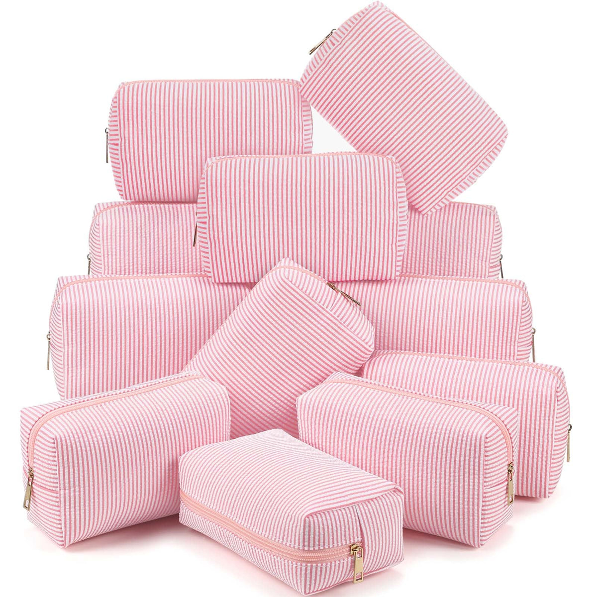 Sanwuta 6 Pcs Seersucker Cosmetic Bags Bulk, Striped Zippered,Khaki