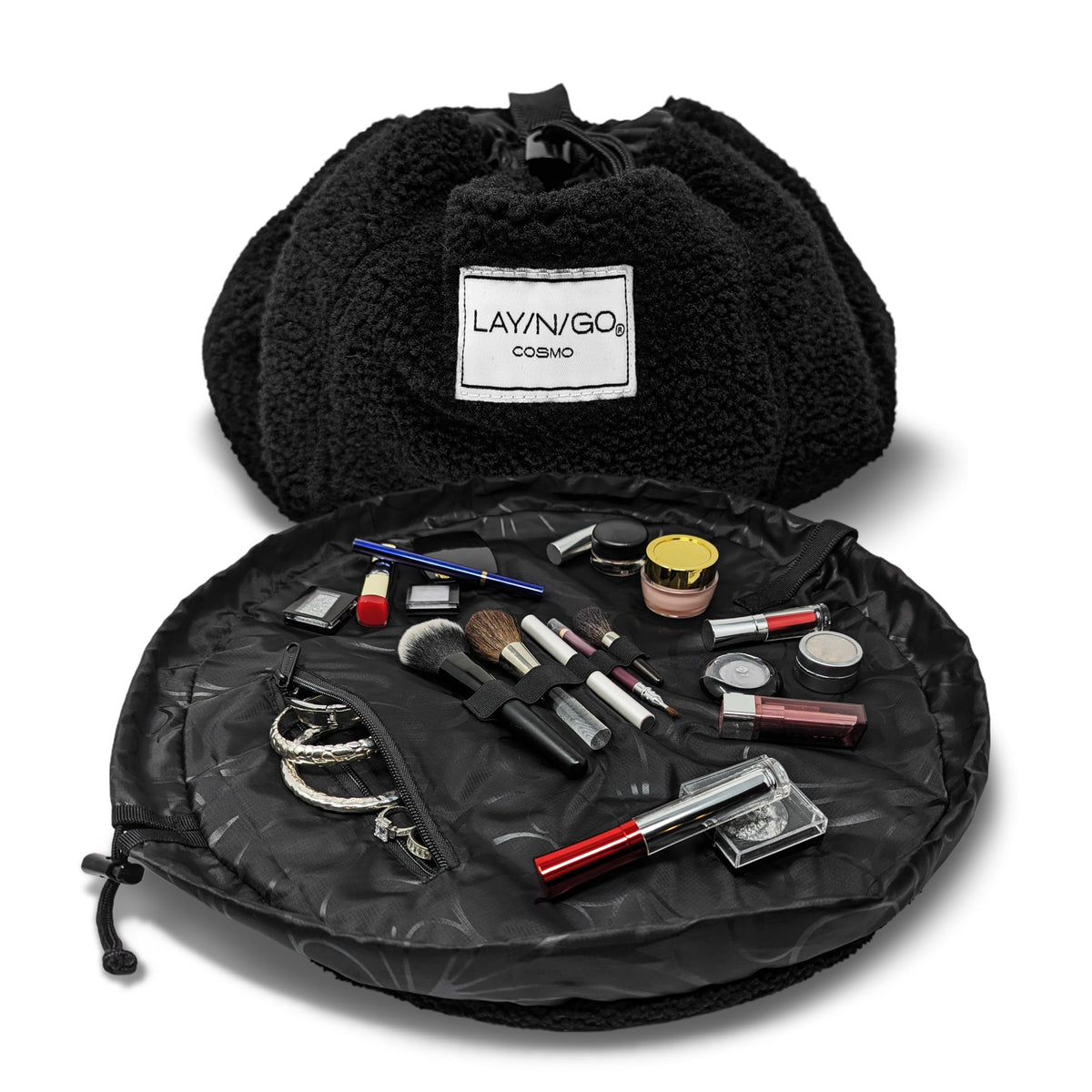 Lay-n-Go Cosmo Layflat Drawstring Cosmetic & Makeup Bag Organizer w/Zipper Pocket, Brush Loops & More, Cinch to Close, Lay Flat to Use, Durable, Machine Wash, Travel Toiletry Bag (20", Dogs)