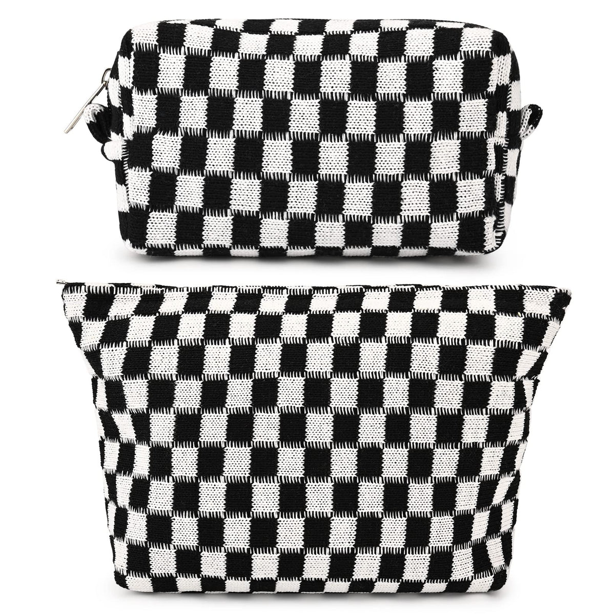 SOIDRAM 2 Pieces Makeup Bag Large Checkered Cosmetic Bag Capacity Canvas Mix Travel Toiletry Bag Organizer Cute Makeup Brushes Aesthetic Accessories Storage Bag for Women, Checkered Mix Rose Red