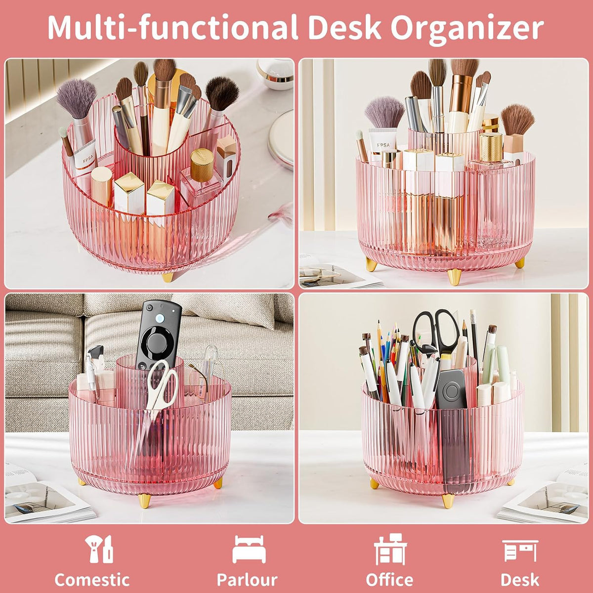 Clear Rotating Makeup Organizer Countertop for Vanity, 360° Makeup Brush Holder Organizer with 5 Compartments, Transparent Cosmetic Storage for Lipstick, Skincare, Bathroom Counter (Transparent Pink)